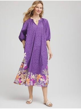 Chico’s Purple Floral Poplin Cotton Pockets Midi Day Dress Flowy Beachy Women L